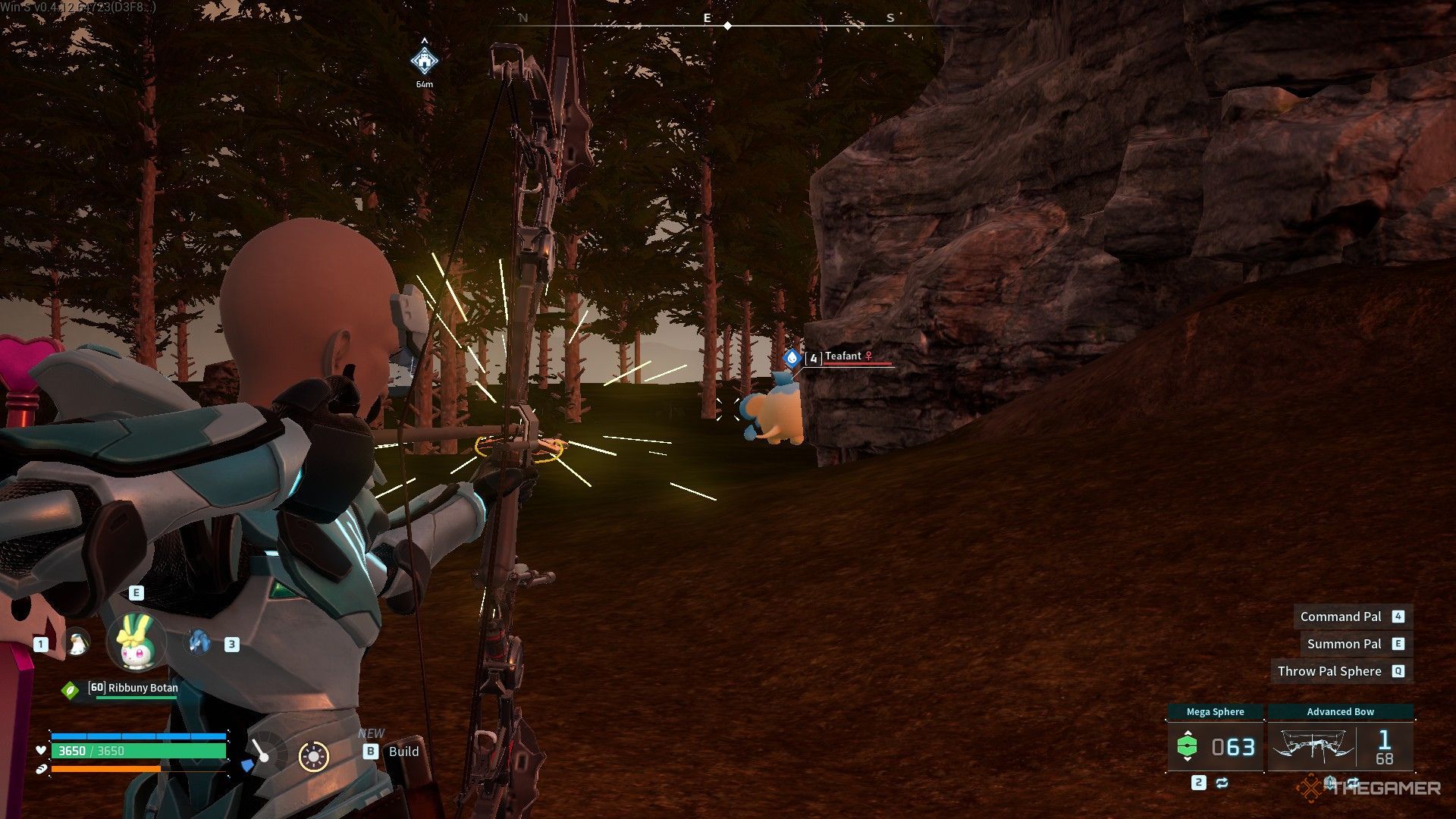 The image shows the player aiming at a Teafant with the Advanced Bow in Palworld.