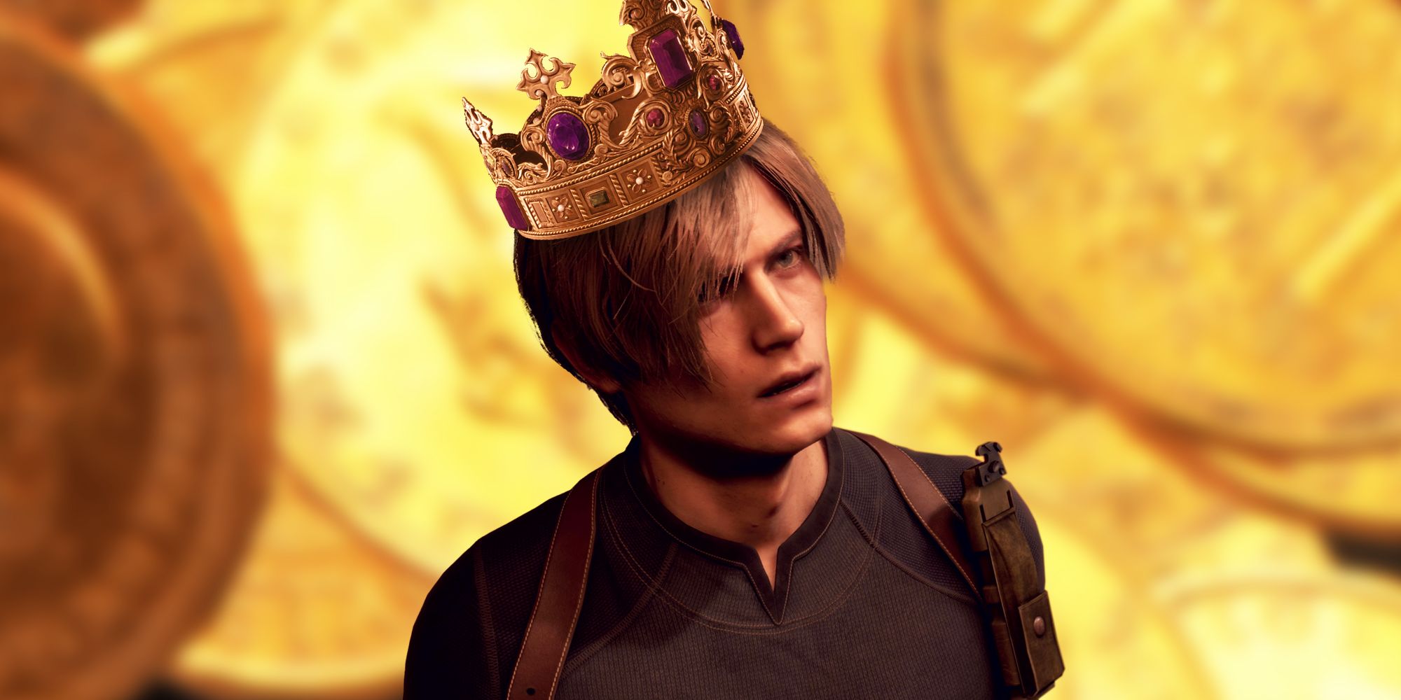 Resident Evil 4 Remake Leon wearing a crown filled with gems over a blurred background of pesetas