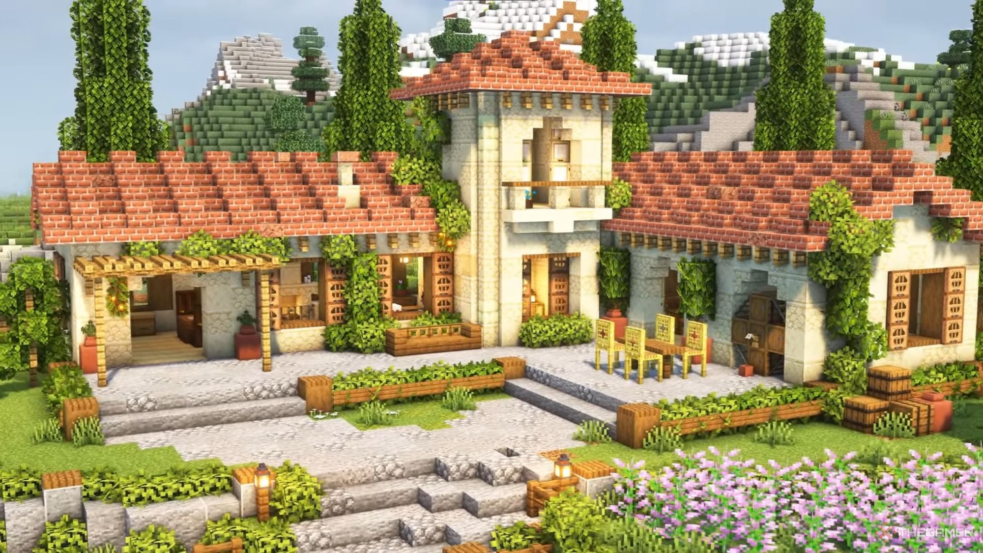 An image from Minecraft of a Tuscan House Build Tutorial, which is inspired by Italian architecture.