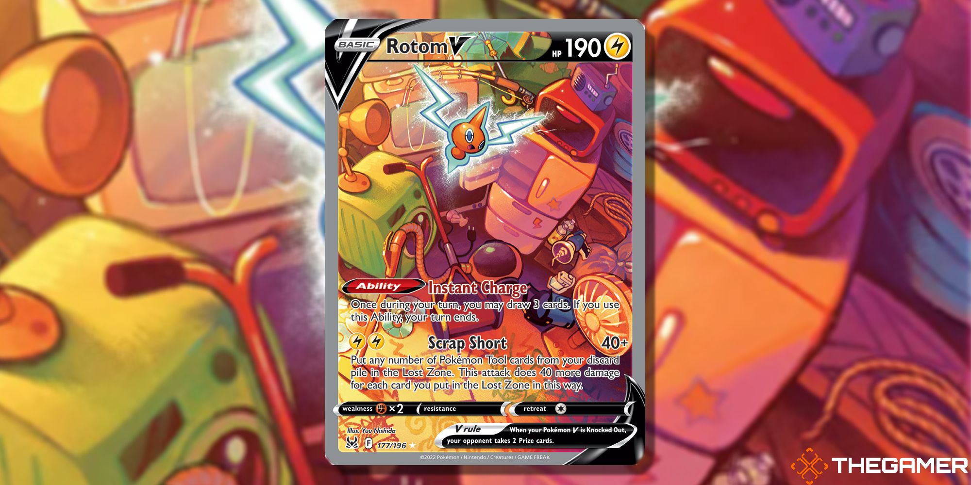 The Rotom V from Lost Origin in the Pokemon TCG, with art  by Yuu Nishido