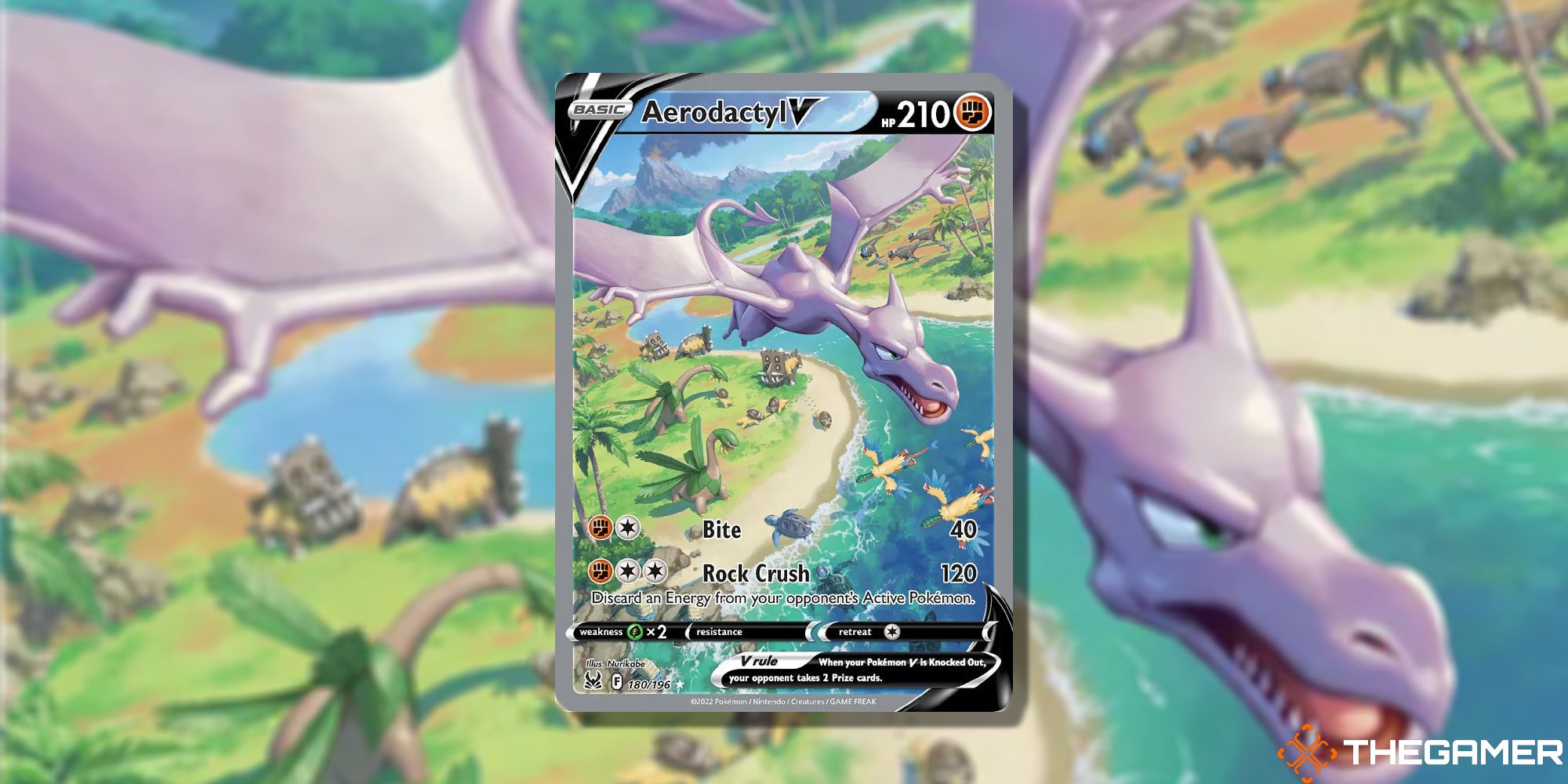 The Aerodactyl V from Lost Origin in the Pokemon TCG, with art by Nurikobe