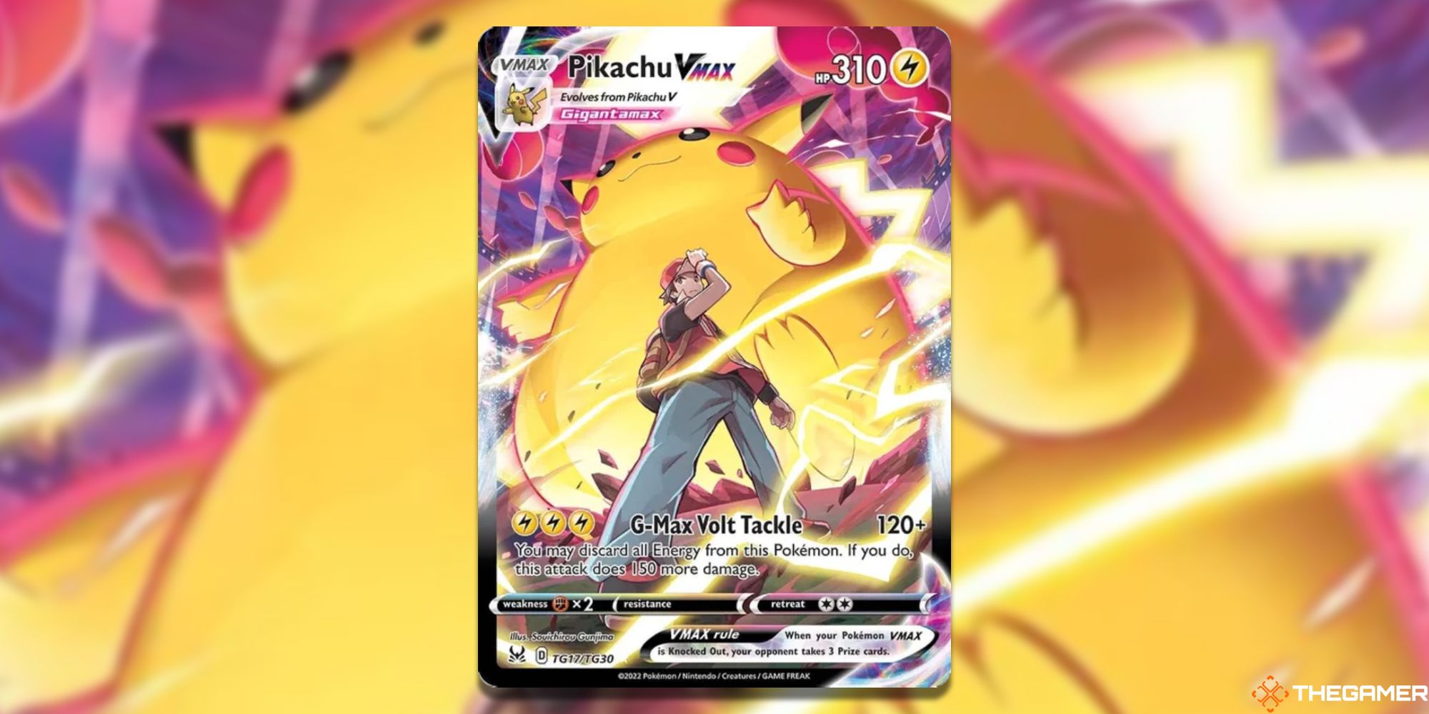 Pikachu VMAX from Lost Origin in the Pokemon TCG, with art by Souichirou Gunjima