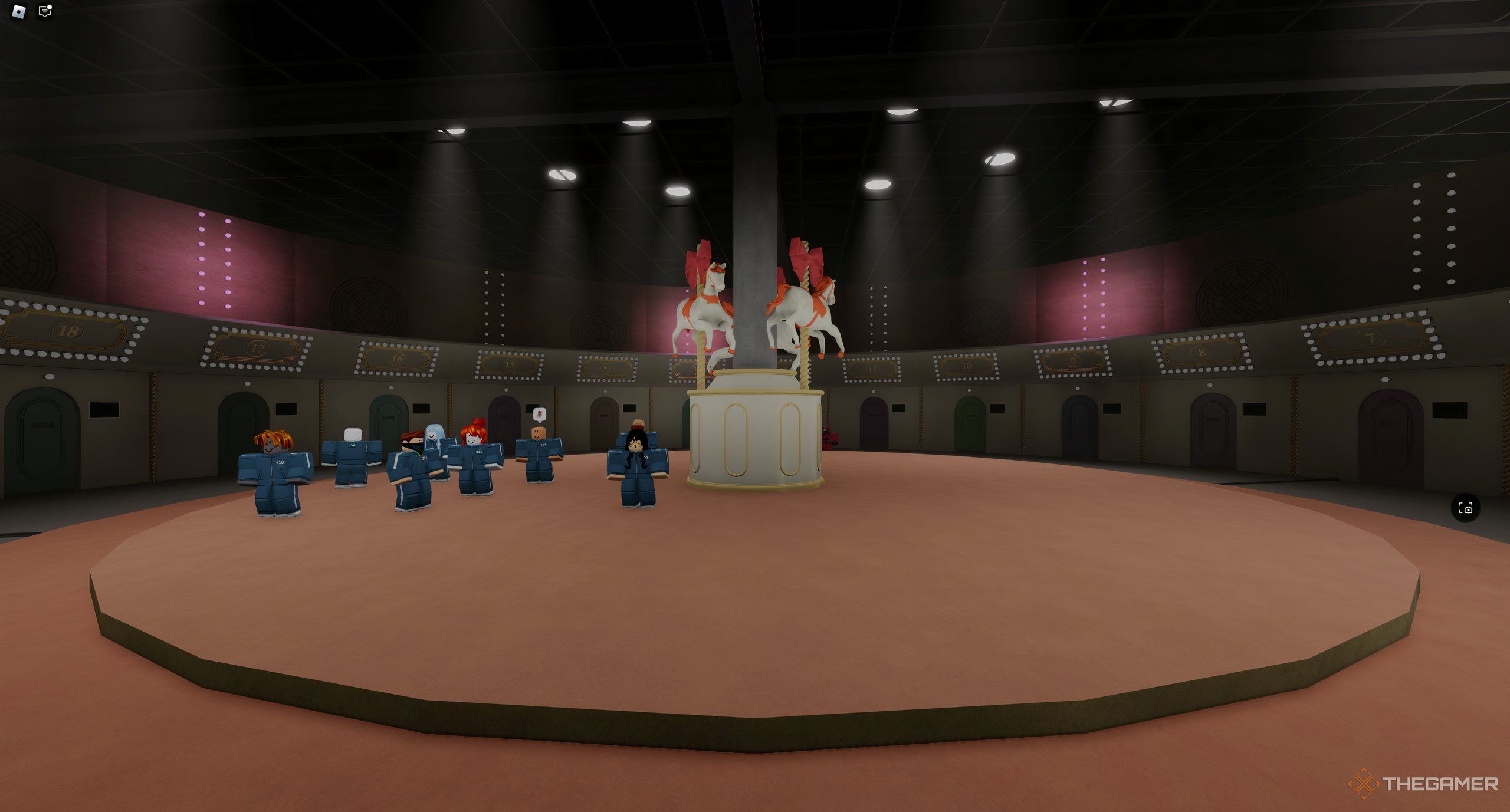 A group of players standing on a platform to play Mingle during Roblox: Shrimp Game.