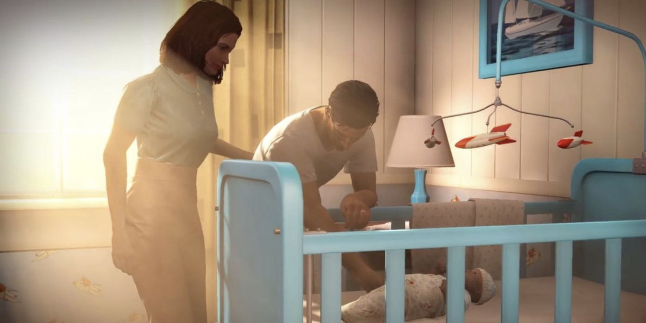 Baby shaun and his parents in Fallout 4.