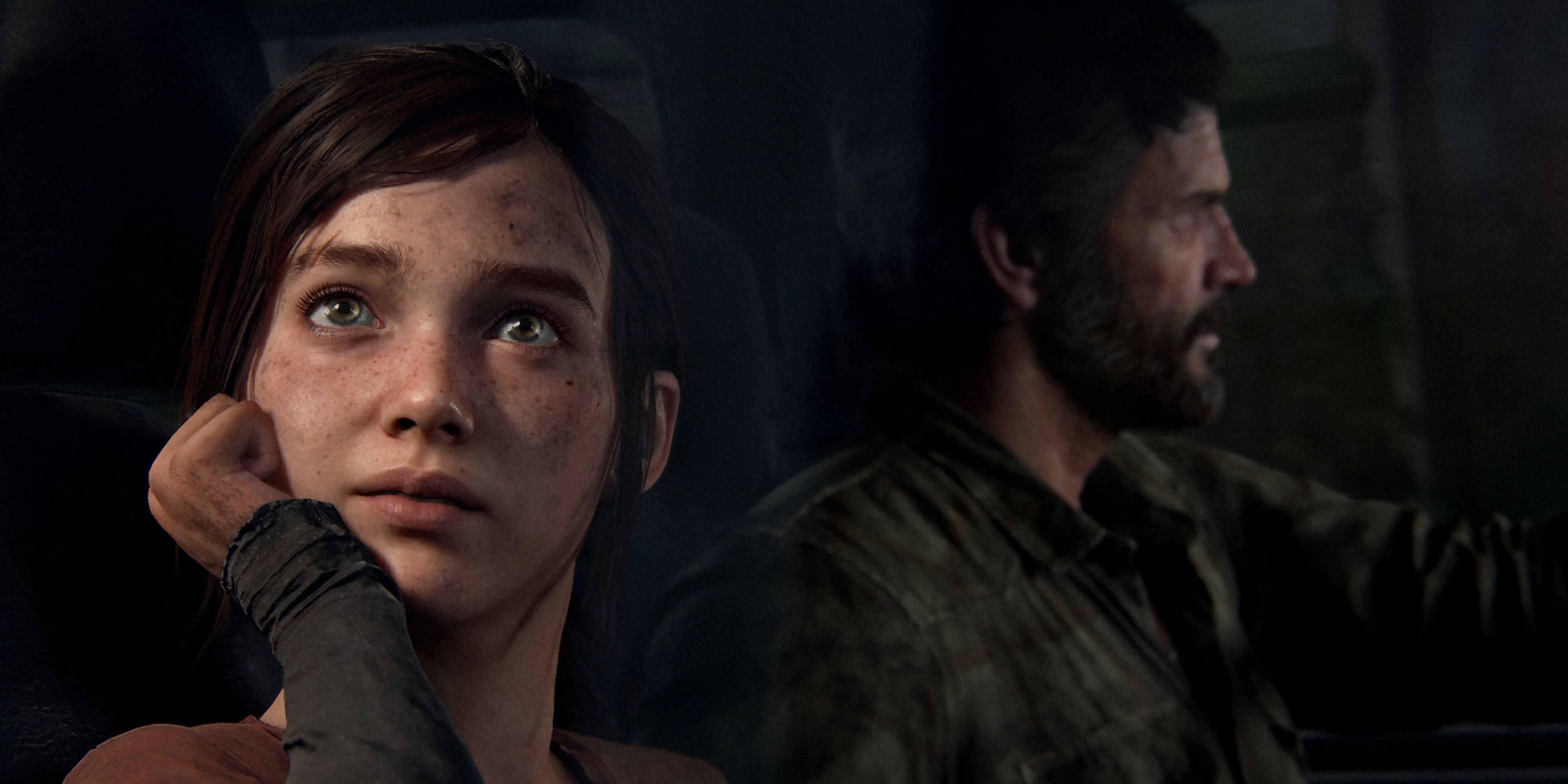 Ellie looking through the car's window, while Joel drives.