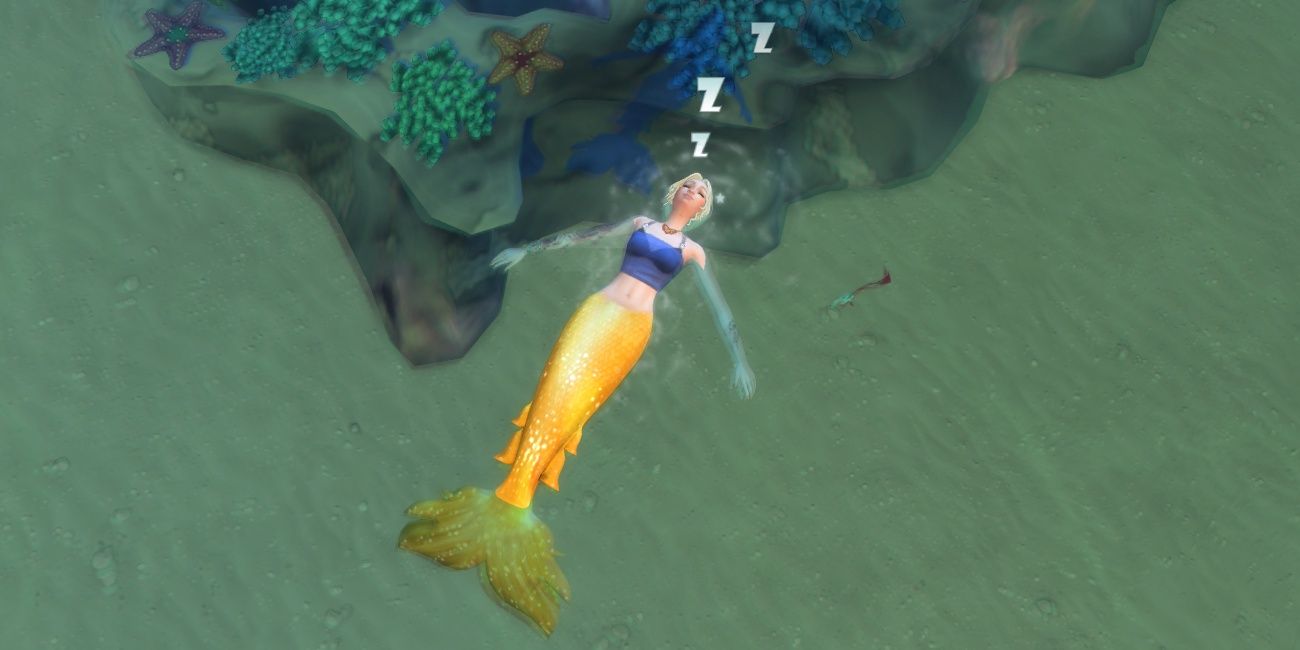 Image of a mermaid occult from The Sims 4 sleeping in the ocean.