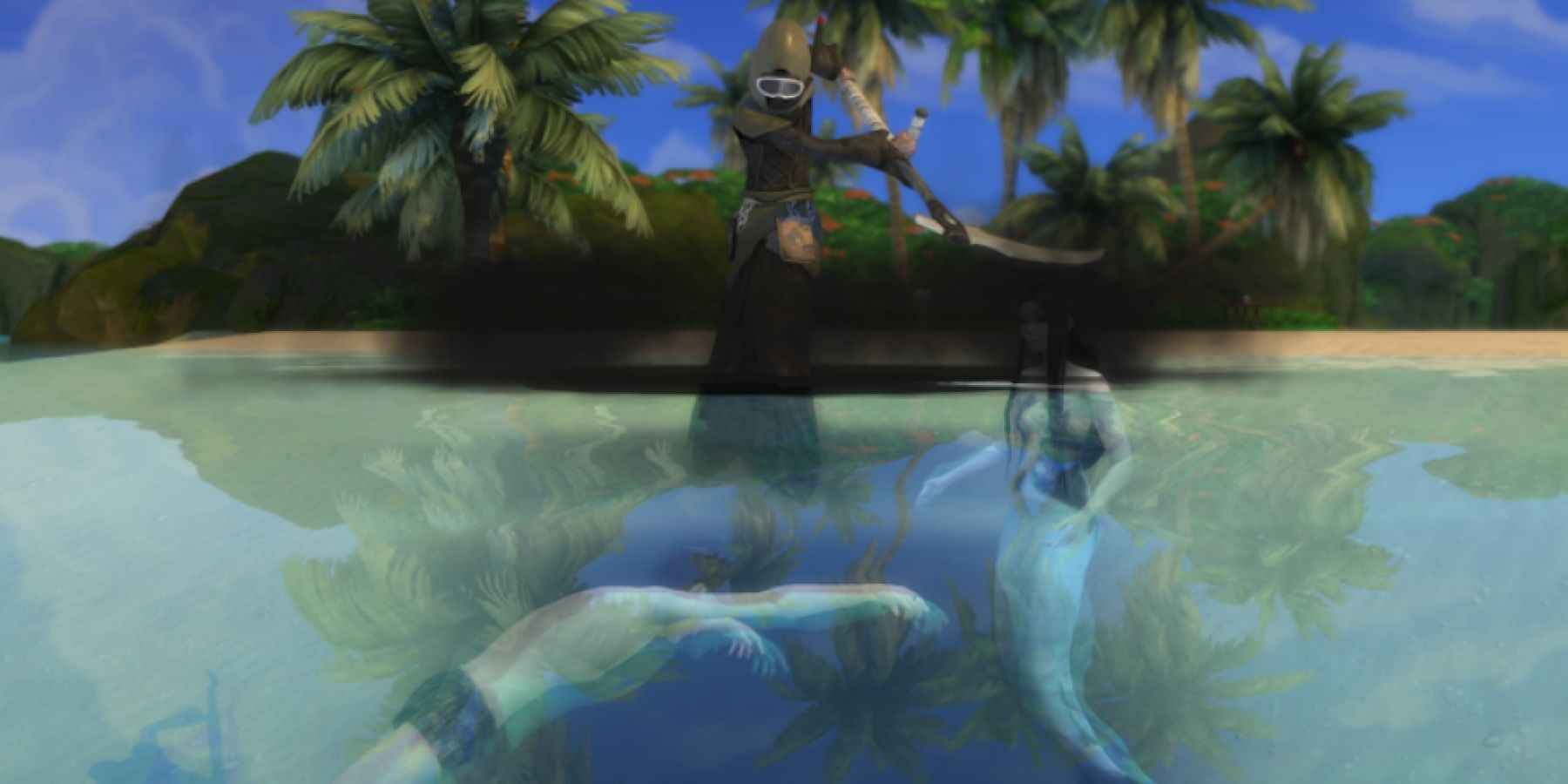 Image of the Grim Reaper taking a Sim floating in the water after being killed by a Siren from the IL-Sirens Mod made by Zero's Sims 4 Mods for The Sims 4.