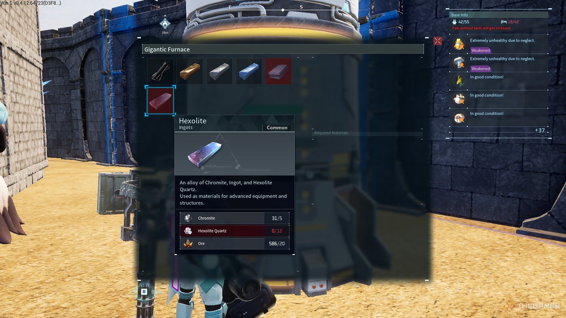 The image shows Hexolite from the Gigantic Furnace's crafting menu in Palworld.