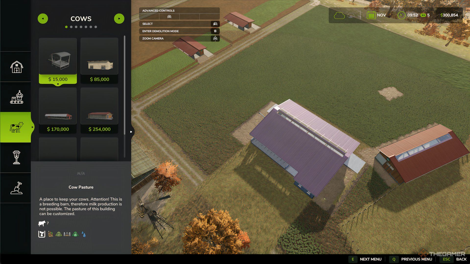 Build menu in Farming Simulator 25, highlighting a cow barn.