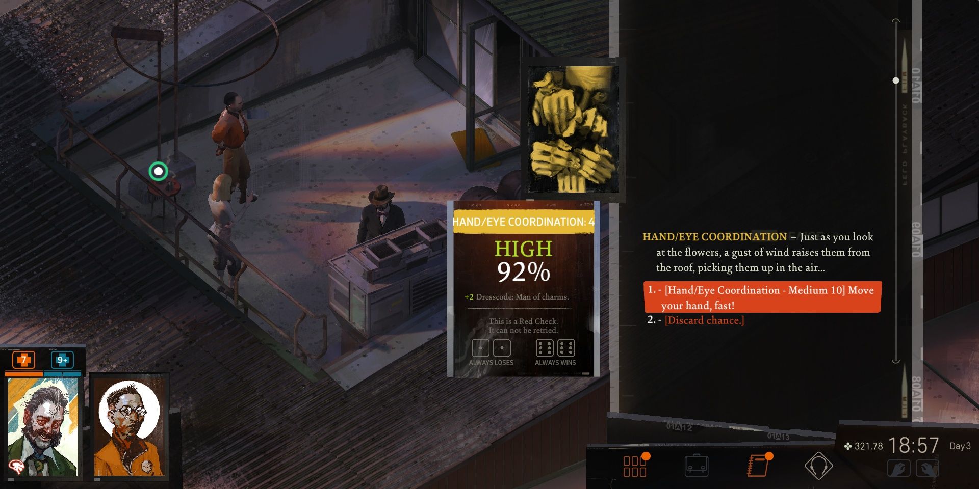 The skill check screen for Hand-Eye coordination in Disco Elysium. 