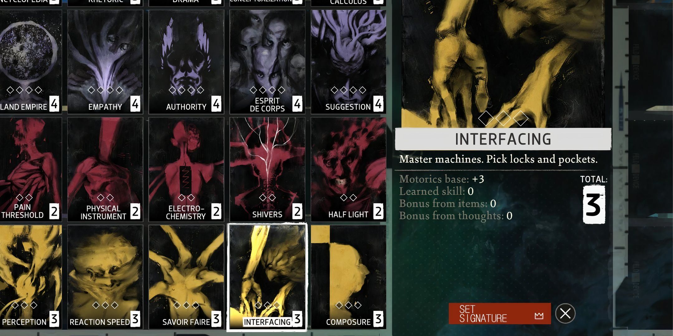 The Interfacing skill selection screen, featuring two yellow hands, in Disco Elysium. 