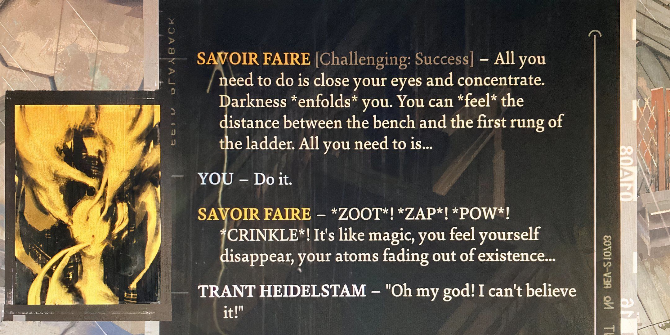 An example of a conversation using Savoir Faire in Disco Elysium.