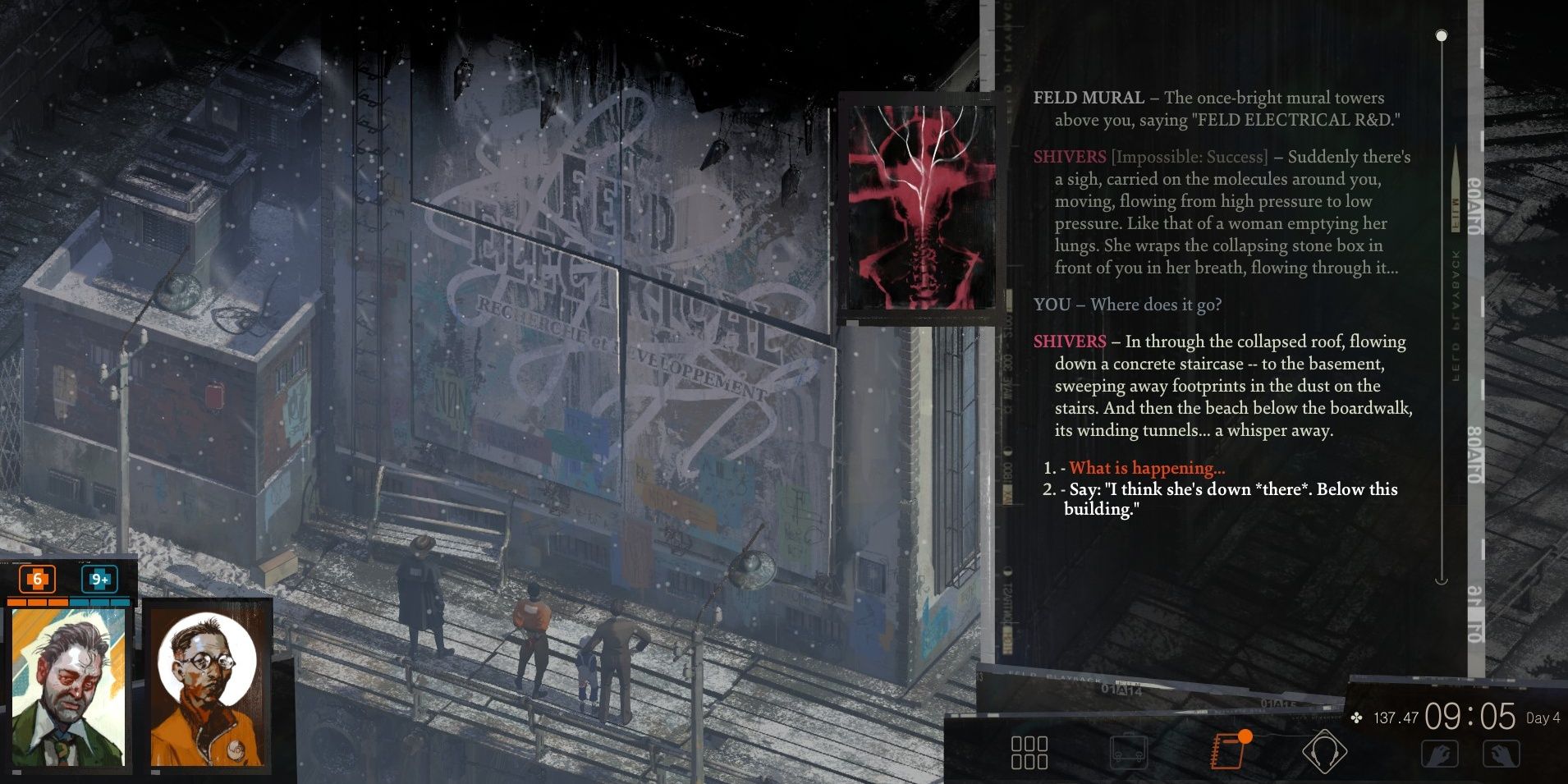 An example of a Shivers check in Disco Elysium. 