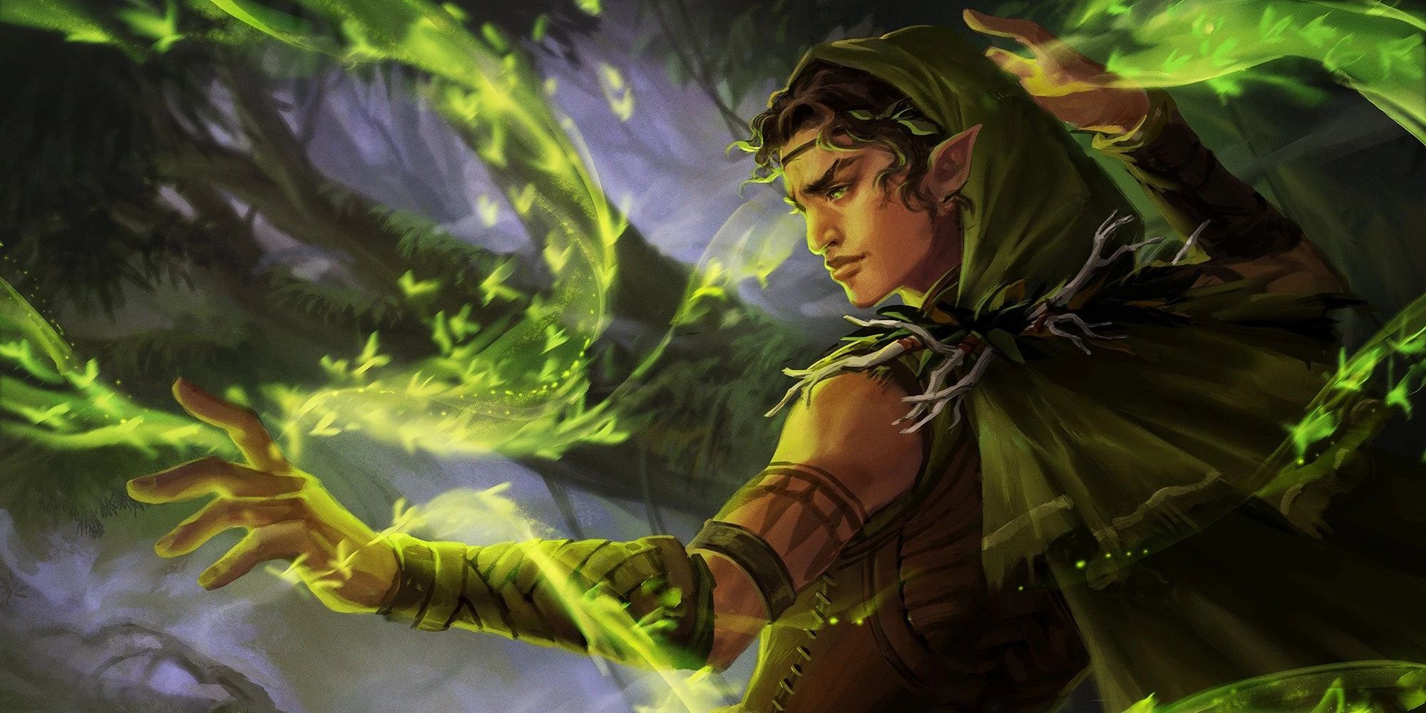 A Cloakwood Swarmkeeper surrounded by green magic. 