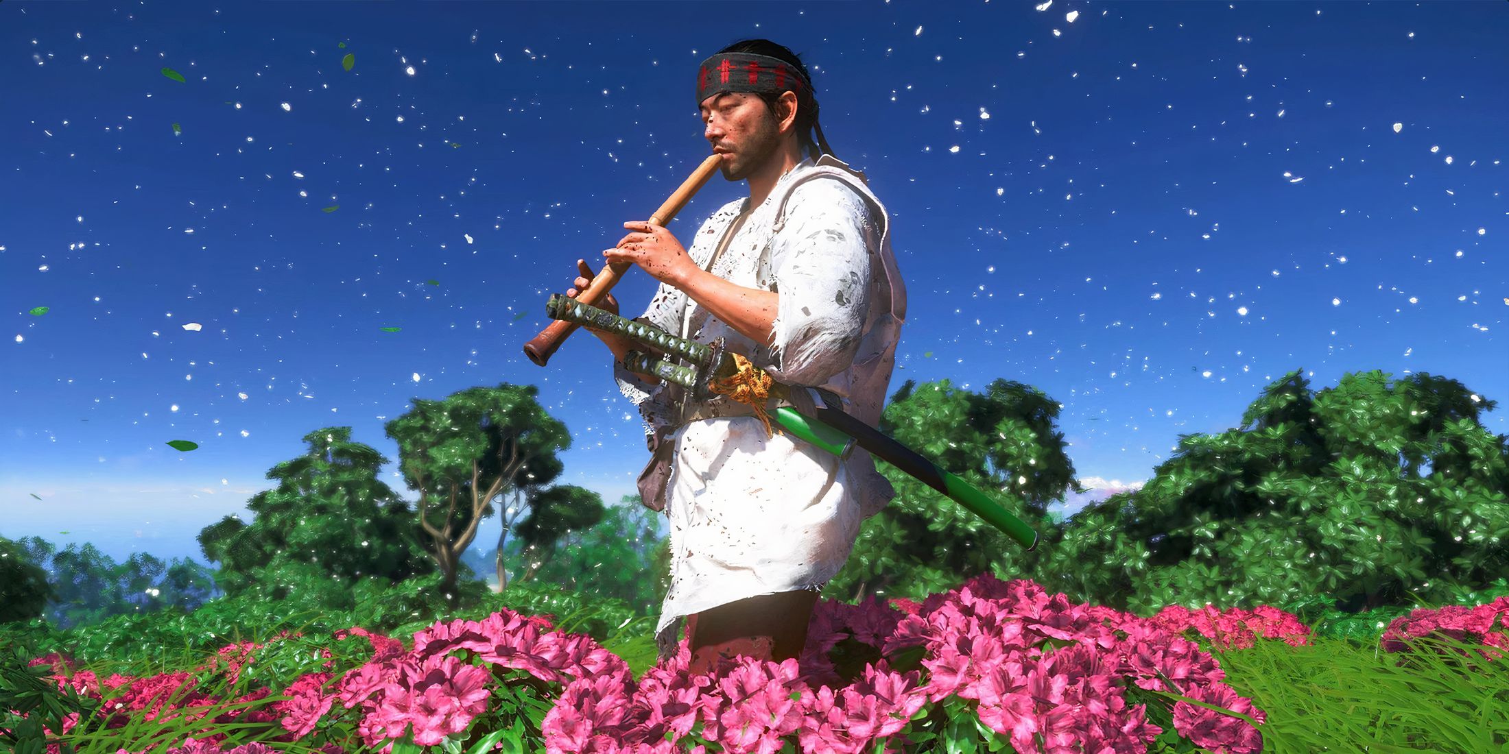 Jin playing his flute in a field in Ghost of Tsushima