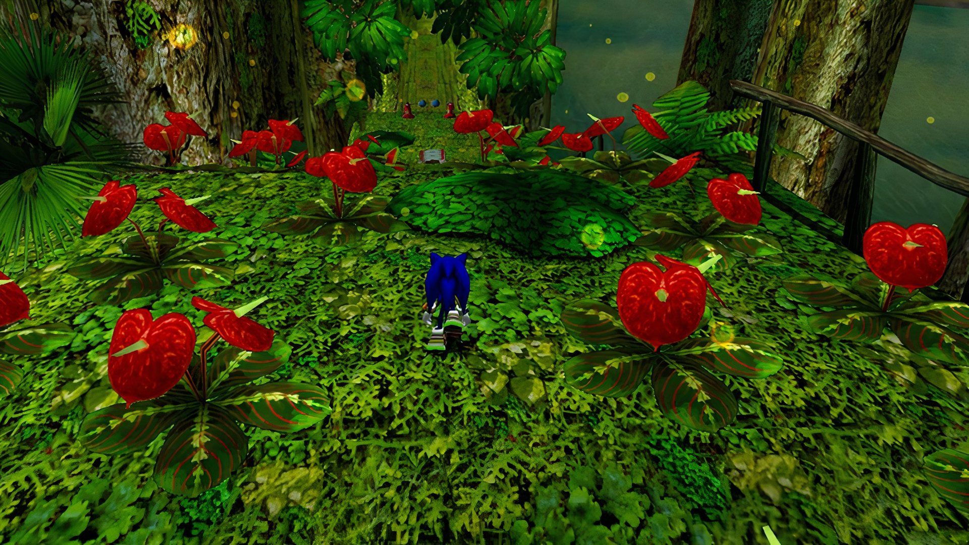 Sonic stands in front of a flowery path in Sonic Adventure 2's Green Forest stage.