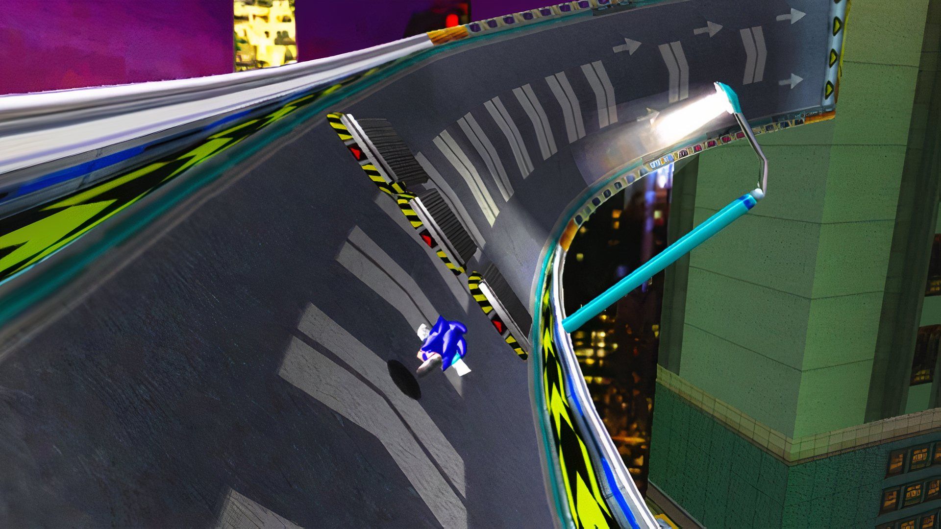 Sonic running across the floating streets of Sonic Adventure's Speed Highway.