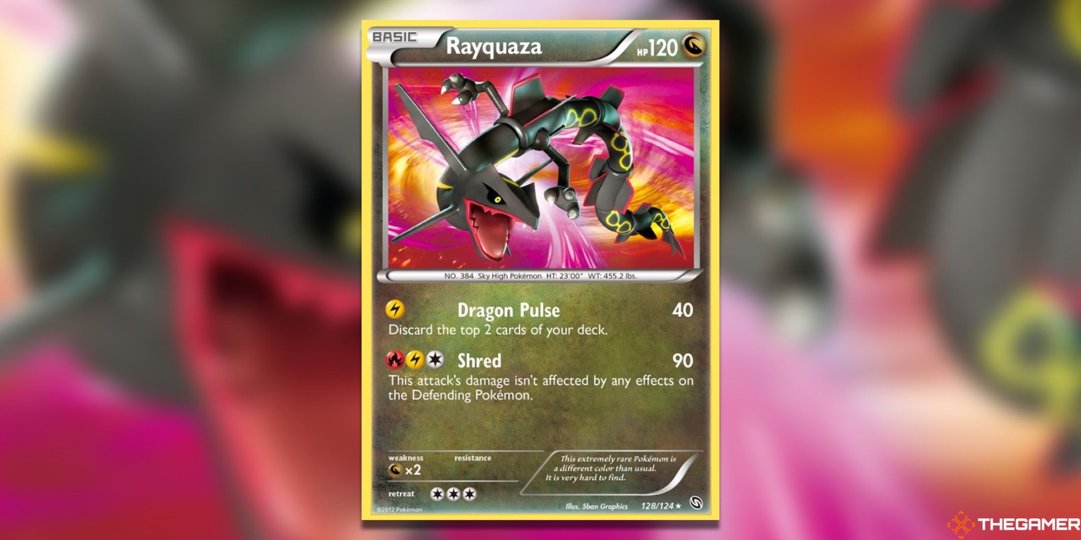 The Rayquaza Dragons Exalted Secret Rare from the Pokemon TCG.