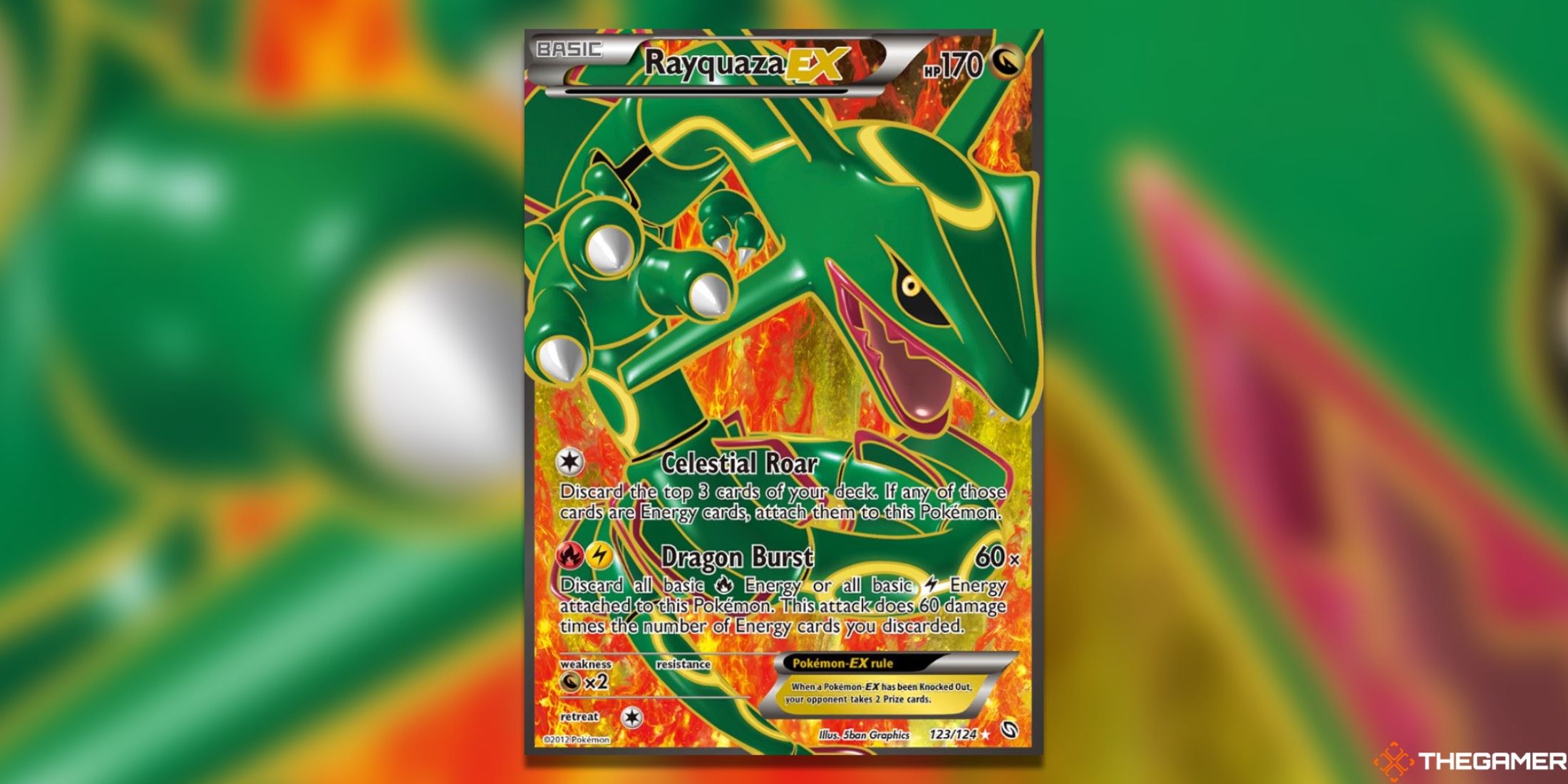 The Rayquaza 123 Dragons Exalted EX Full Art from the Pokemon TCG.