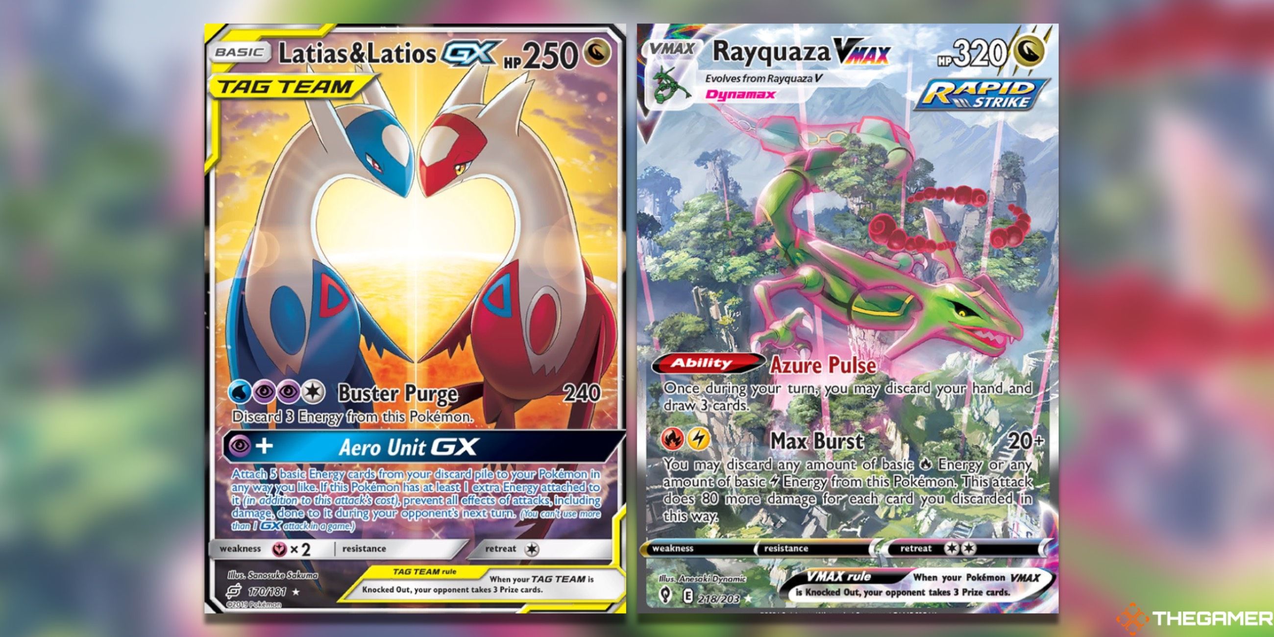 The Latias & Latios GX from Team Up and Rayquaza VMAX from Evolving Skies in the Pokemon TCG.