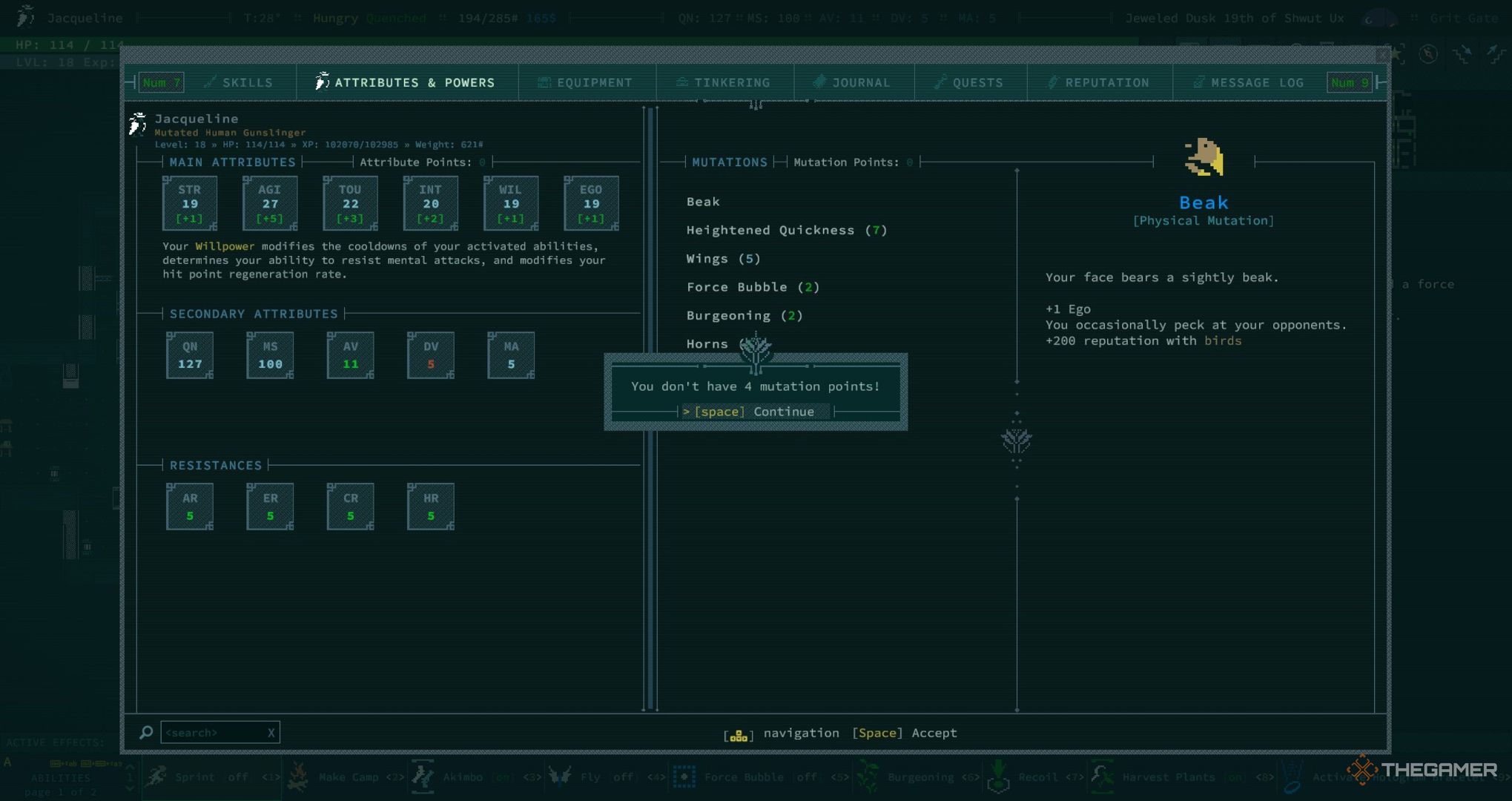 A player not having enough points to get a mutation in Caves of Qud.