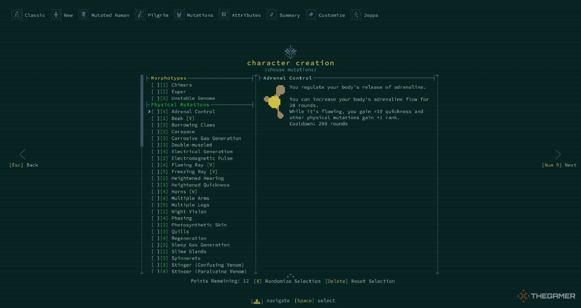 A player looking at the adrenal control mutation in Caves of Qud.