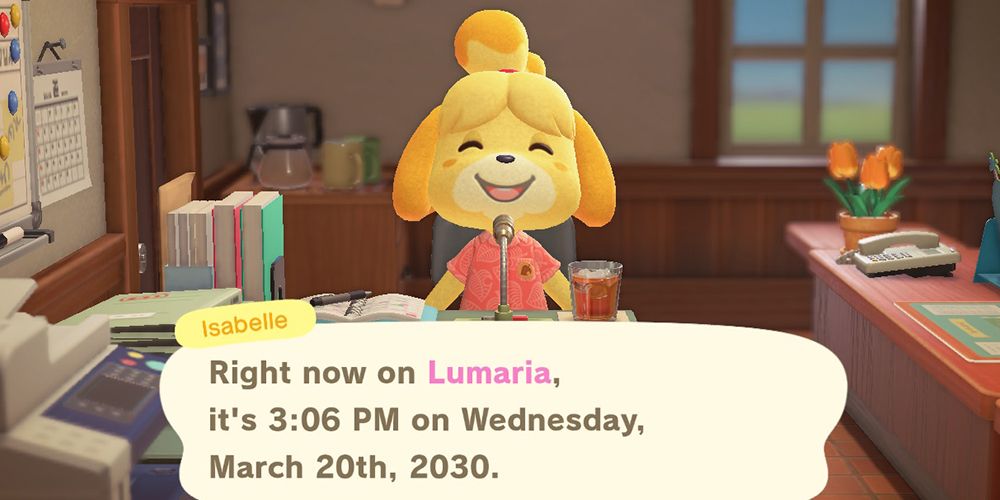 Isabelle greeting a player in the year 2030.