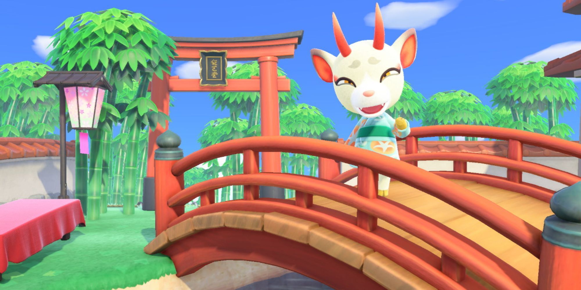 Shino waves while standing on a bridge in Animal Crossing: New Horizons.