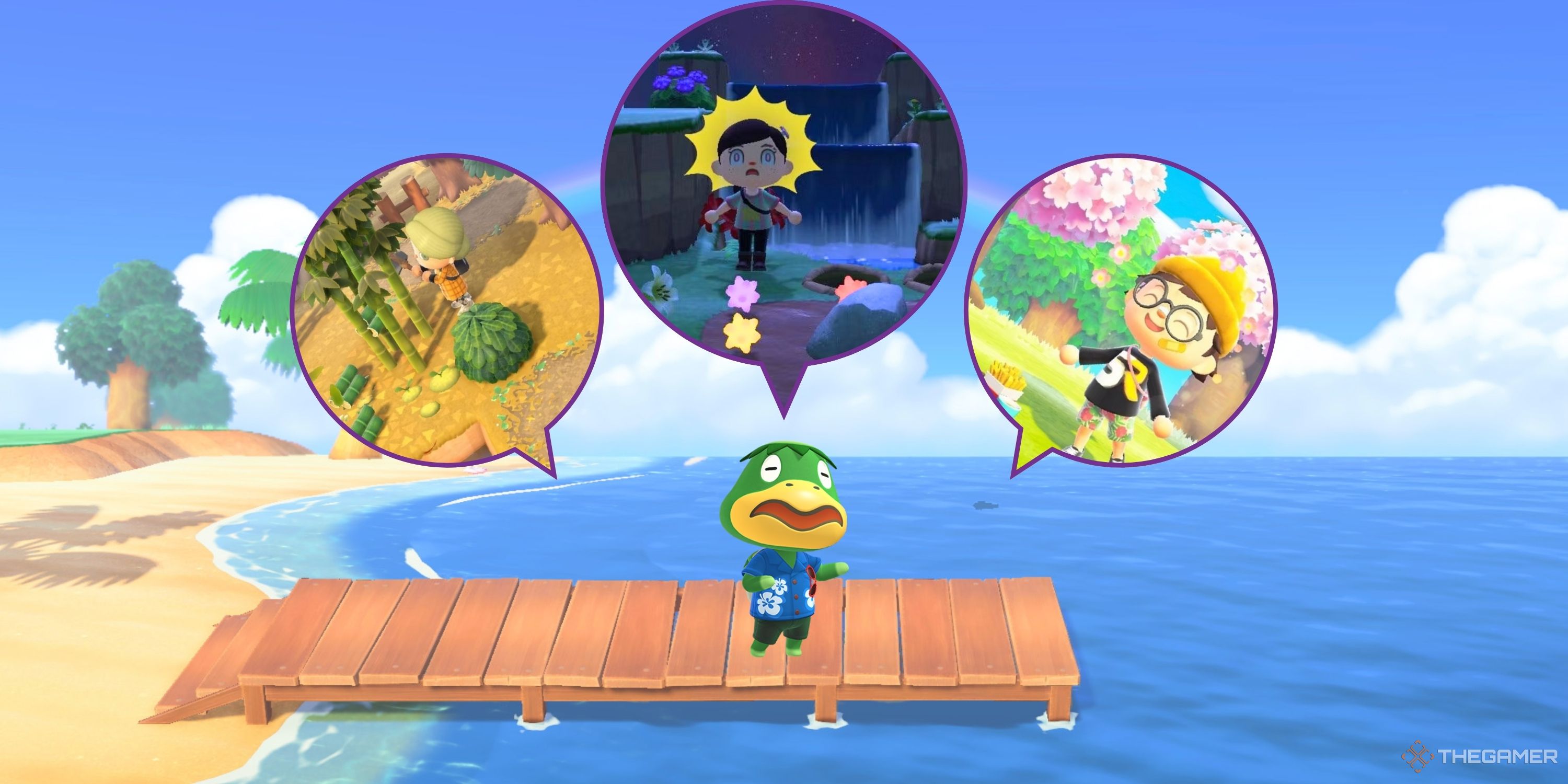 Kapp'n from Animal Crossing New Horizons on a dock with thought bubbles containing different islands floating above his head.