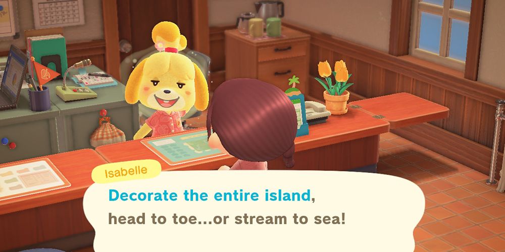 Isabelle telling a villager to decorate the entire island, head to toe...or stream to sea!