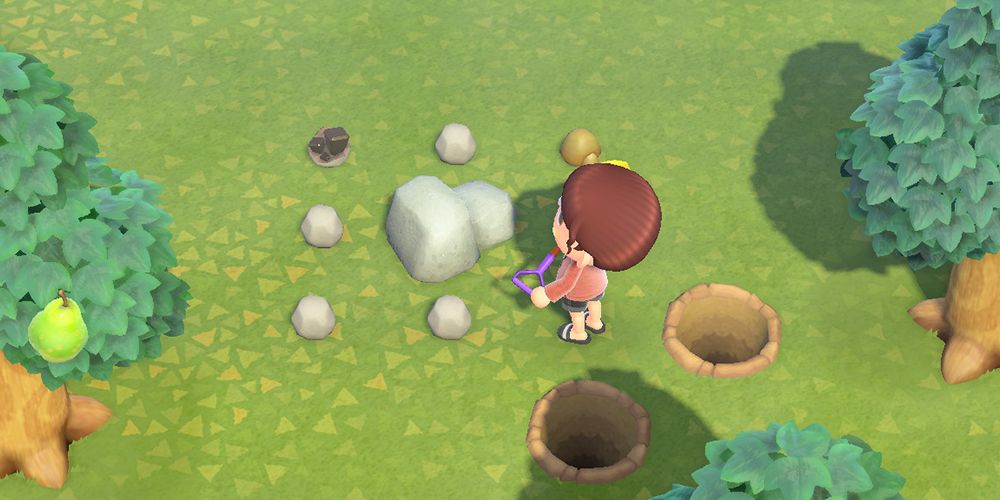 A villager gathering resources from a rock.