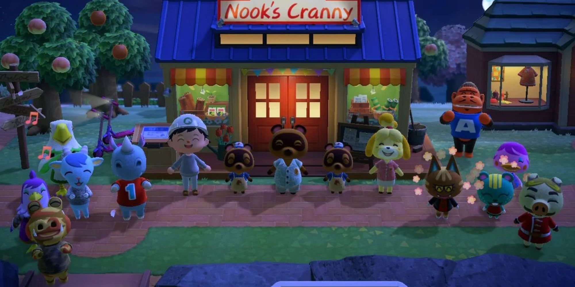 Tom Nook and the citizens of the island smiling at the camera in Animal Crossing: New Horizons.