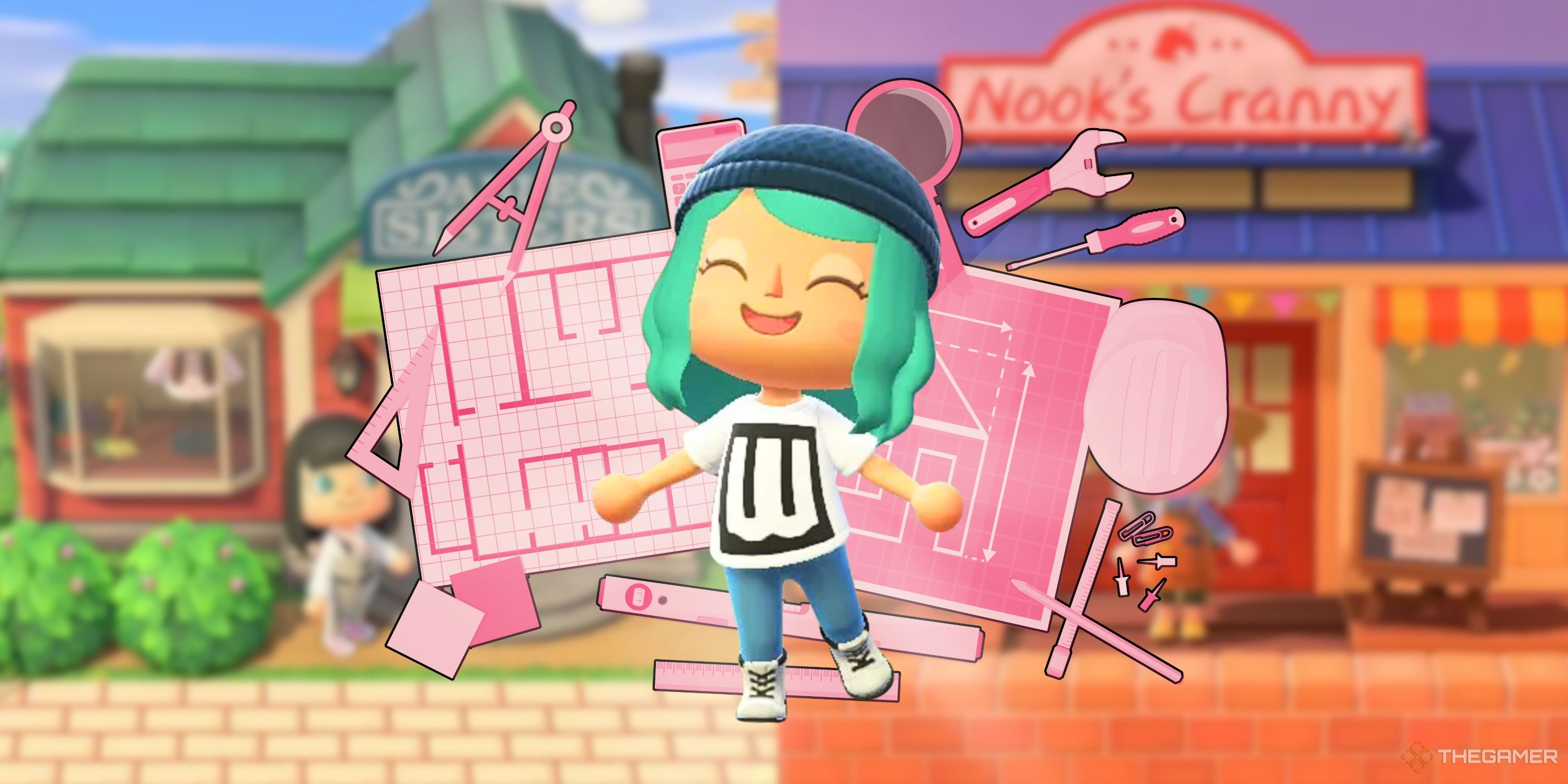 Collage image featuring two animal crossing locations and an Animal Crossing New Horizons character emoting with blueprints clipart behind them