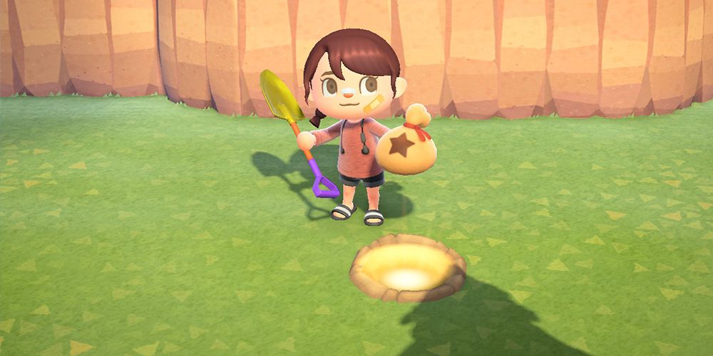 A villager collecting bells from a money tree spot.