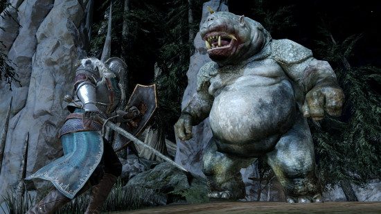 Fighting an ogre in Dark Souls 2.