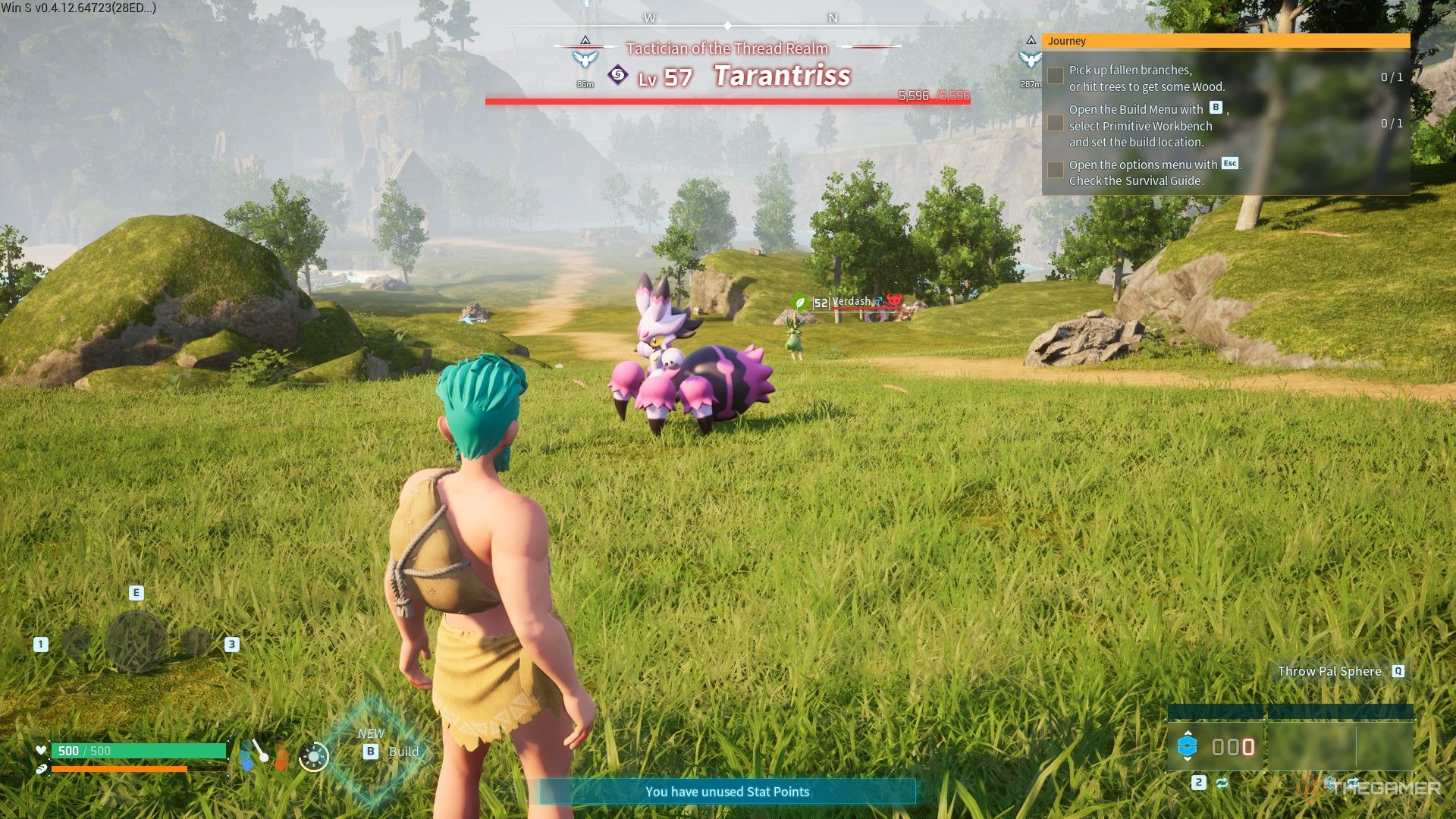 The player encounters with an Alpha Boss Tarantriss on Random Pal Mode in Palworld.