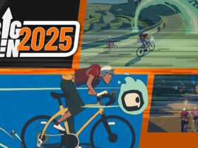 Big in 2025 montage for Wheel World, showing a character speeding forwards on a bicycle, with screenshots showing more cycling