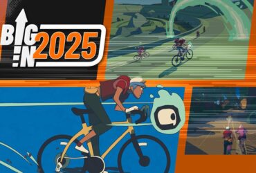 Big in 2025 montage for Wheel World, showing a character speeding forwards on a bicycle, with screenshots showing more cycling