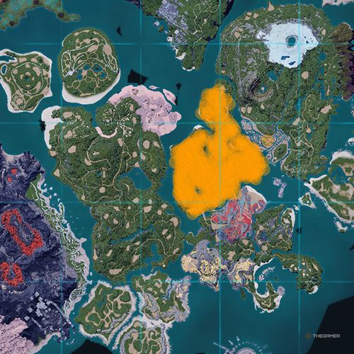 The orange-colored areas shows the possible Bristla spawn location on the map in Palworld