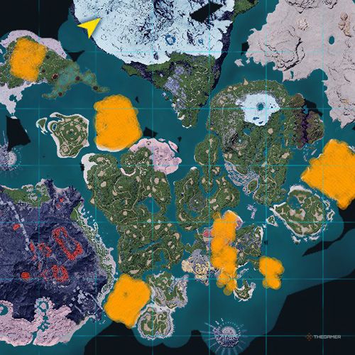 The orange-colored areas shows the possible Dinossom spawn location on the map in Palworld