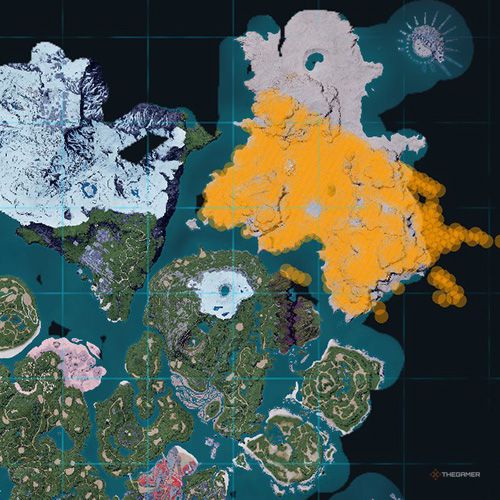 The orange-colored areas shows the possible Dinossom Lux spawn location on the map in Palworld