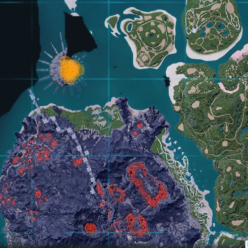 The orange-colored areas shows the possible Kingpaca spawn location on the map in Palworld