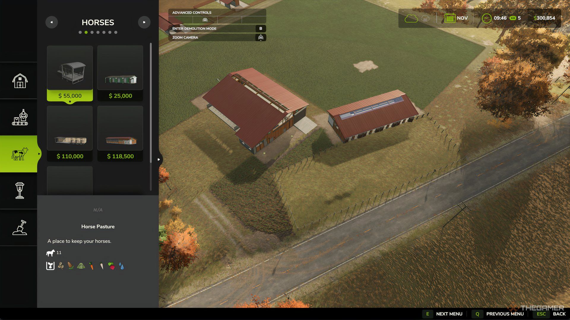 Aerial view of a horse barn in Farming Simulator 25. There is a buy menu on the left side.