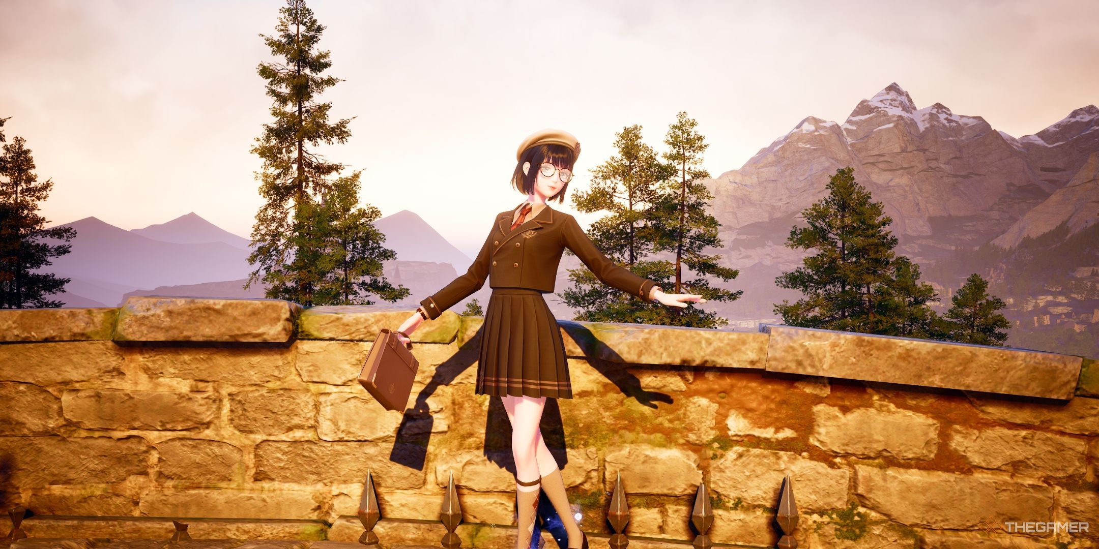 Nikki is standing on a bridge wearing the Chic Elegance Outfit in Infinity Nikki.