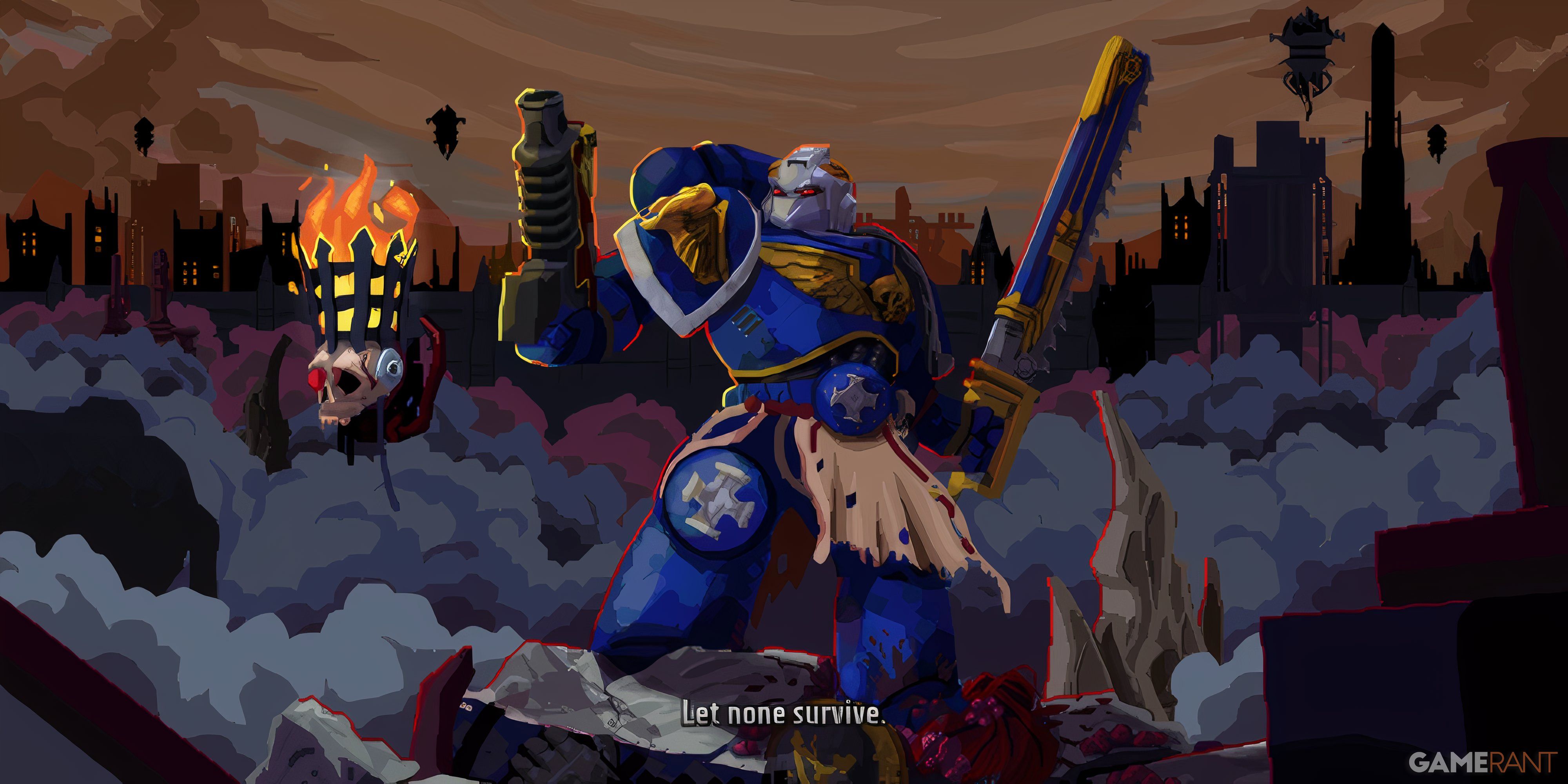 20 Great Story-Driven FPS Games Space Marine stands ready with gun and chainsword