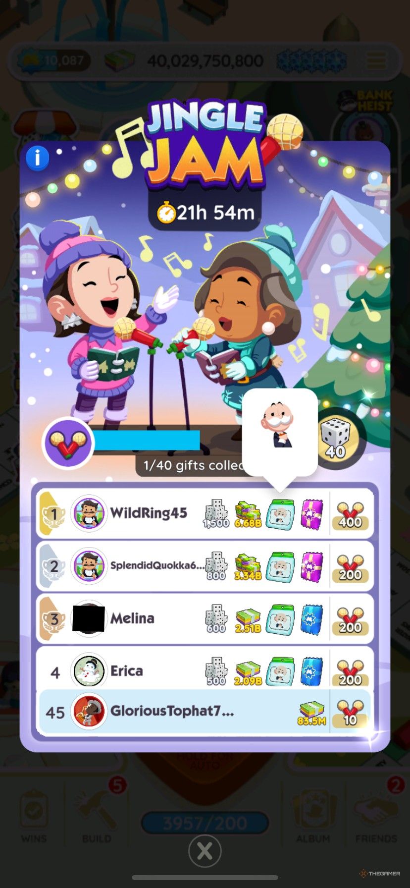 A leaderboard in Jingle Jam in Monopoly Go.