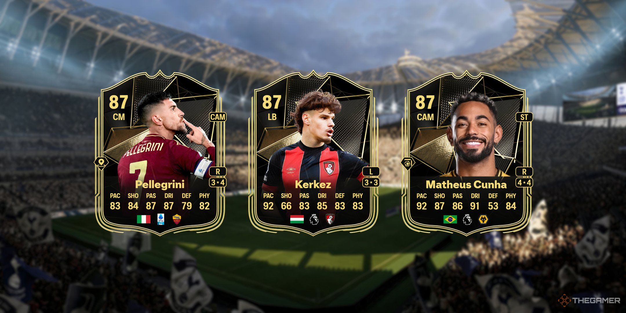 Lorenzo Pellegrini, Milos Kerkez, and Cunha's cards in EA Sports FC 25.