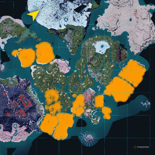 An orange-colored areas shows the possible Lamball spawn location on the map in Palworld