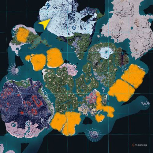 An orange-colored areas shows the possible Cattiva spawn location on the map in Palworld