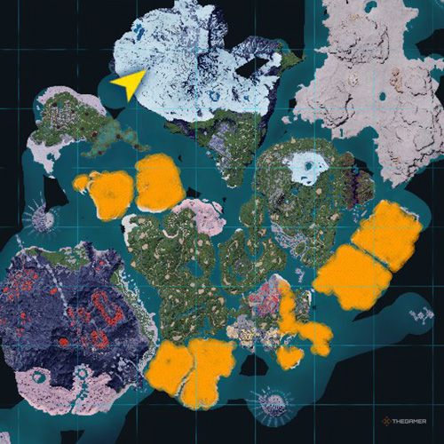 The orange-colored areas shows the possible Chikipi spawn location on the map in Palworld